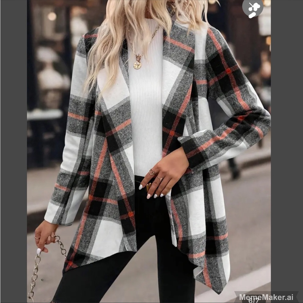 Vintage Plaid Knitted Coat - Chic Open Front with Belt- Gingham Style
